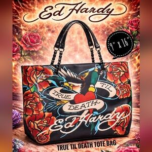 Ed Hardy “True Til Death” Tote Bag • Black Tattoo Print • Chain Strap • New
